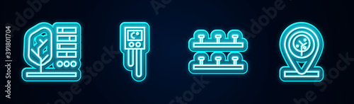 Set line Plant status, Temperature and humidity sensor, Automatic irrigation sprinklers and Location tree. Glowing neon icon. Vector.