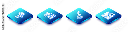 Set Isometric line Automatic irrigation sprinklers, Flower analysis, Chicken farm and camera and Smart farming technology icon. Vector.