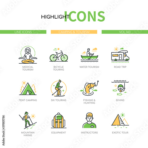 Camping and tourism - modern line design style icons set