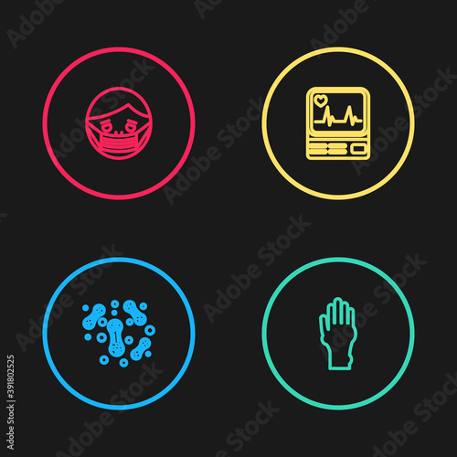 Set line Bacteria, Hand with psoriasis or eczema, Monitor cardiogram and Face in protective mask icon. Vector.