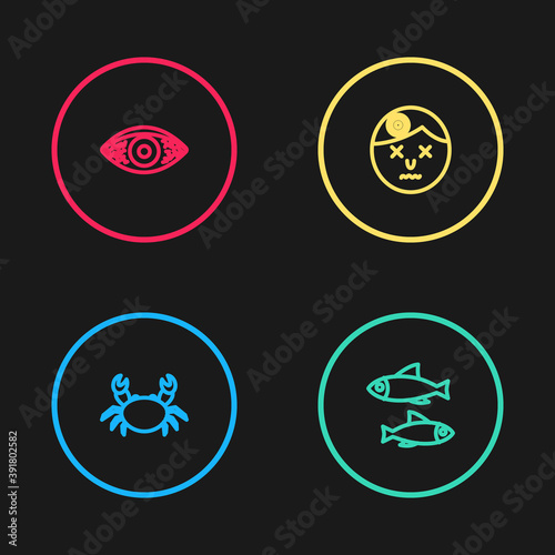 Set line Crab, Fish, Man having headache and Reddish eye allergic conjunctivitis icon. Vector.