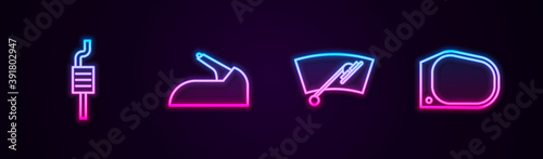 Set line Car muffler, handbrake, Windscreen wiper and mirror. Glowing neon icon. Vector.