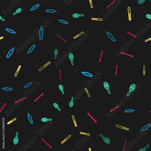 Set line Eyebrow tweezers, Hairbrush, Nail file and Cotton swab for ears on seamless pattern. Vector.