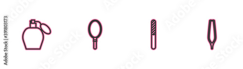 Set line Perfume, Nail file, Hand mirror and Eyebrow tweezers icon. Vector.