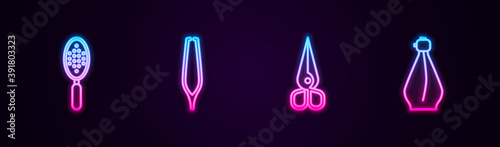 Set line Hairbrush, Eyebrow tweezers, Scissors and Perfume. Glowing neon icon. Vector.