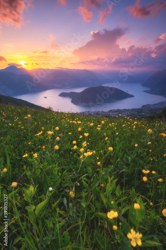 Sunset over Iseo lake and Montisola, Brescia province, Lombardy, Italy photo