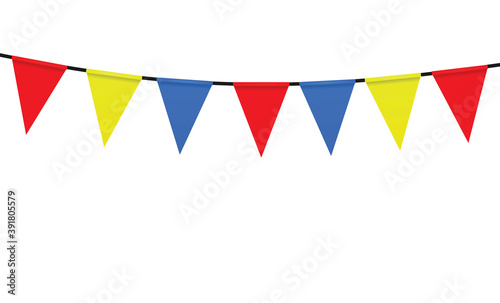 Triangle party flags hanging on rope. vector