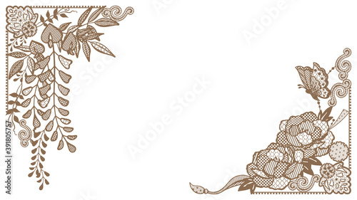 牡丹と藤と蝶のレースのフレーム素材_和風イラスト_16:9