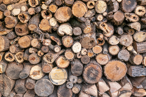 The surface background of tree piled up with firewood for heating in winter.