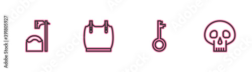 Set line Executioner axe in tree block, Old key, Body armor and Skull icon. Vector.