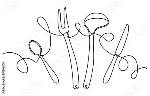 dishes continuous line, cooking seamless pattern. outline cutlery background. Cooking design poster. Vector illustration