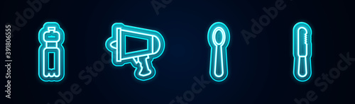 Set line Bottle of water, Spread the word, megaphone, Disposable plastic spoon and knife. Glowing neon icon. Vector.