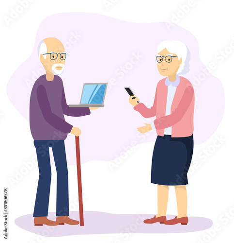 gadgets help grandparents. Family studying online using their computer watching gadgets. Vector flat illustration