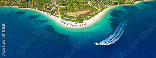 Aerial drone ultra wide panoramic photo of beautiful azure turquoise crystal clear sandy beach of Agios Dimitrios in Alonisos island, Sporades, Greece