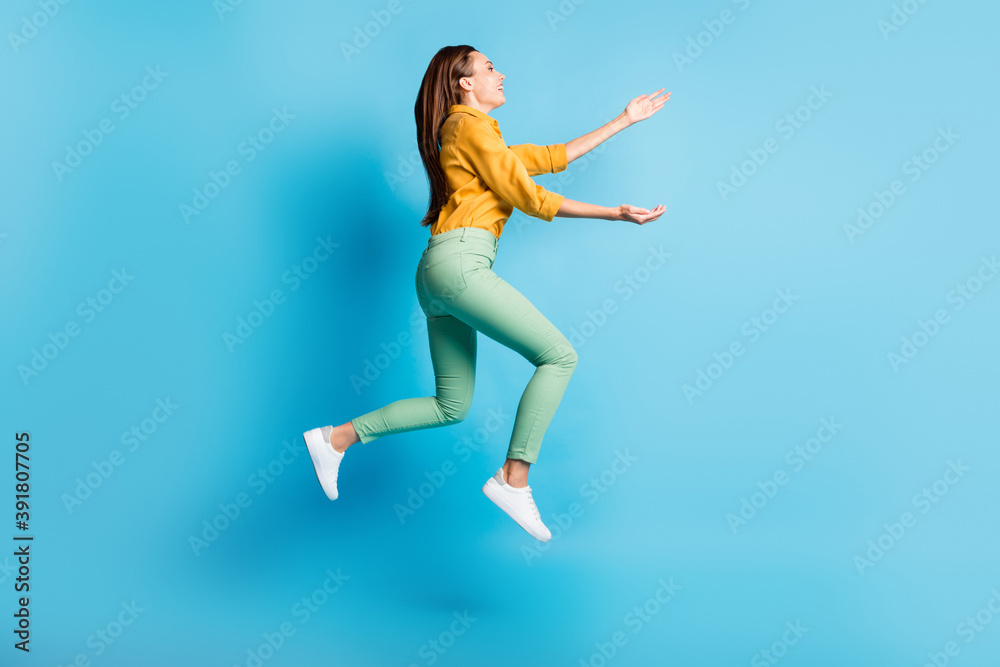 Full size profile photo of cool nice brunette lady jump hug wear shirt trousers sneakers isolated on turquoise color background Full size profile photo of cool nice brunette lady jump hug wear shirt trousers sneakers isolated on turquoise color background