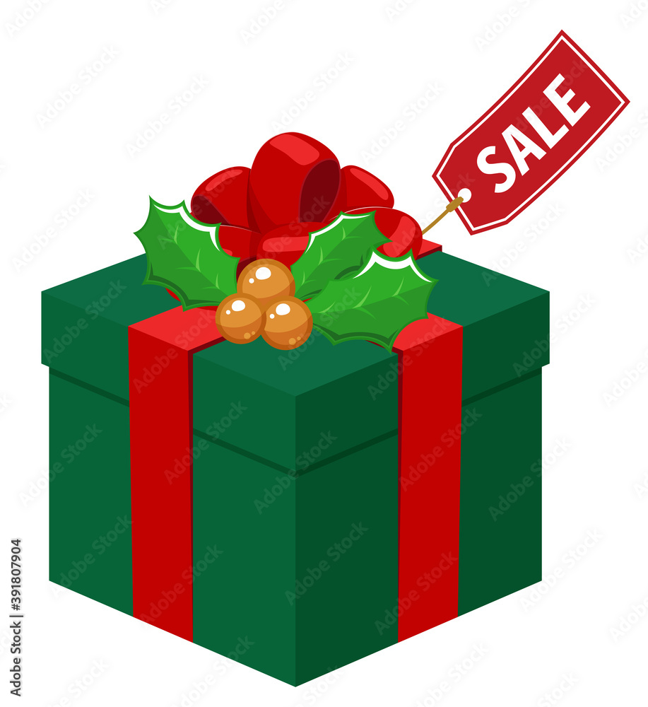 クリスマスセールのプレゼントの箱イラスト 緑 赤 柊 Stock Vector Adobe Stock