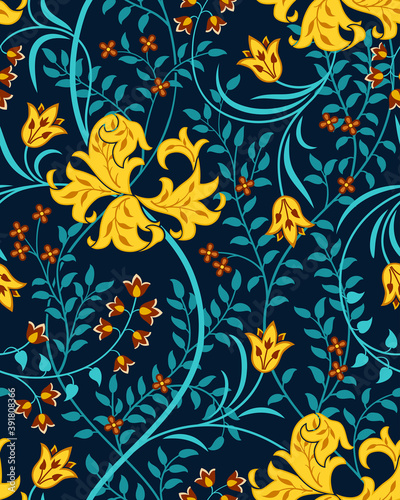 Futuristic floral seamless pattern with big flowers  tulips and foliage on dark background. Vector illustration.