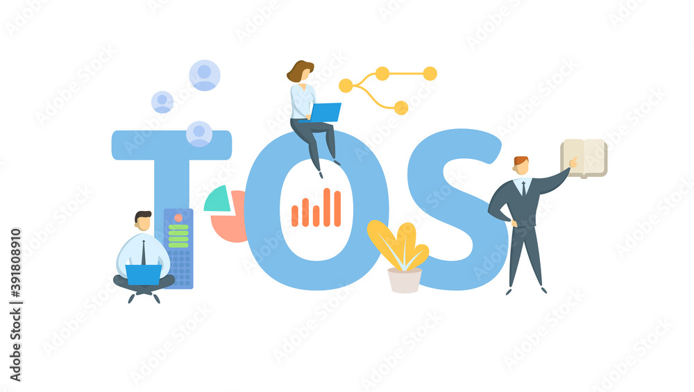 TOS, Terms Of Service. Concept with keywords, people and icons. Flat vector illustration. Isolated on white background. TOS, Terms Of Service. Concept with keywords, people and icons. Flat vector illustration. Isolated on white background.