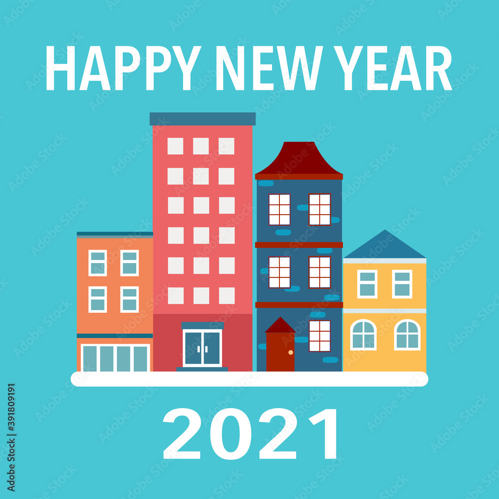 Happy New Year 2021 concept vector illustration. Colorful building in flat design. Design for banner, poster and greeting card.