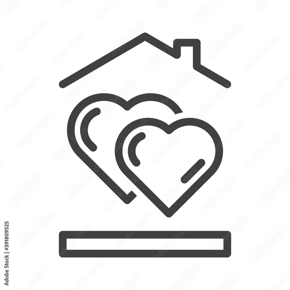 Icon of two hearts standing one after another. A simple image of hearts under the roof of a house. Isolated vector on white background.