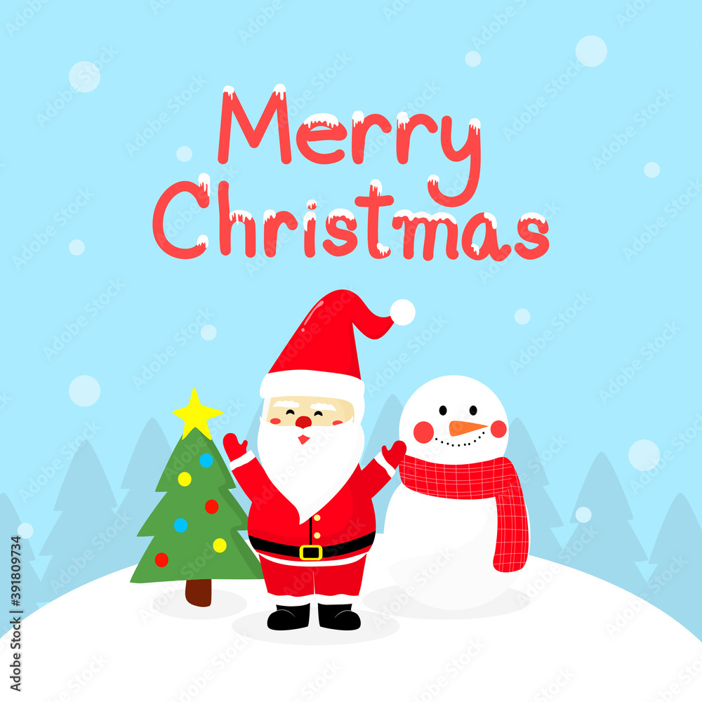 Santa claus with snow man and Christmas tree .Merry Christmas Holiday greeting card Santa claus with snow man and Christmas tree .Merry Christmas Holiday greeting card