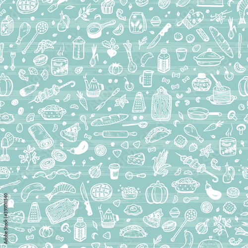 Cooking Vector Seamless Pattern. Hand drawn doodle Food and Kitchen utensils.