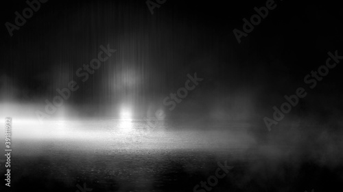 Dark street, black background, glare of light on the wet asphalt. Rays and lines, smoke. Dark city street.