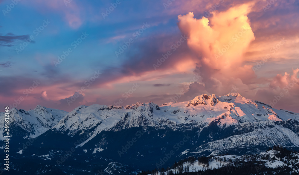 Beautiful Aerial Panoramic View of Canadian Mountain Landscape. Dramatic Sunset Sky Art Render. Taken in Squamish, North of Vancouver, British Columbia, Canada. Nature Background Panorama