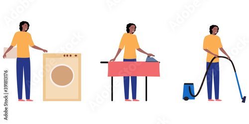 
Black pretty cartoon woman washing clothes, ironing linen, vacuuming the room. Set of vector flat illustrations. The wife and mother are engaged in household chores. The housekeeper works 