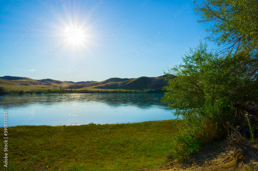 Landscape of the river and the sky in sunny weather.