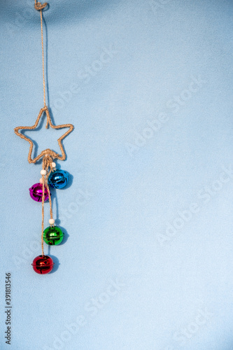 Christmas decorations on a blue background in the style of minimalism