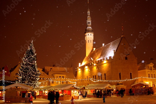 Christmas Market and tree in town hall square in Tallinn Estonia