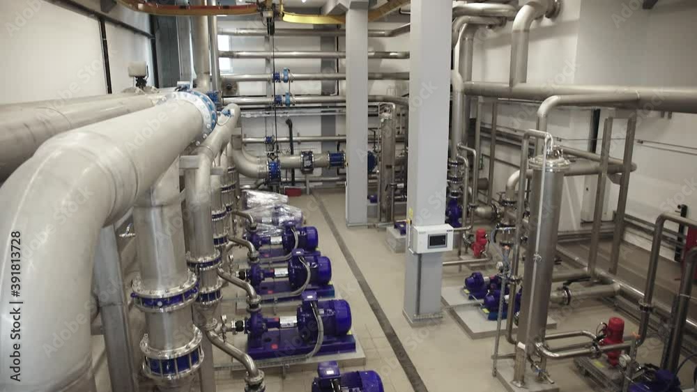 Interior of water treatment plant. Facility for purification of drinking water.
