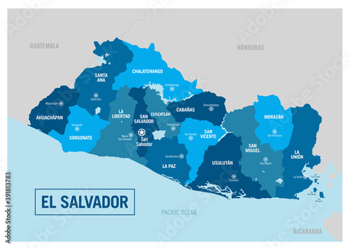 El Salvador country political map. Detailed illustration with isolated regions, provinces, departments, states and cities easy to ungroup.