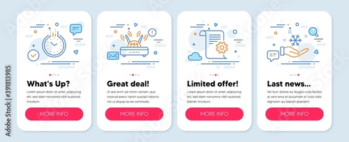 Set of Science icons, such as Wifi, Time, Technical documentation symbols. Mobile screen app banners. Freezing line icons. Internet router, Clock, Manual. Air conditioner. Wifi icons. Vector