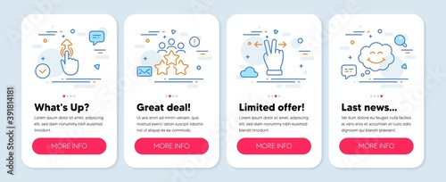 Set of People icons, such as Business meeting, Swipe up, Touchscreen gesture symbols. Mobile screen mockup banners. Smile line icons. Rating star, Touch technology, Swipe. Comic chat. Vector