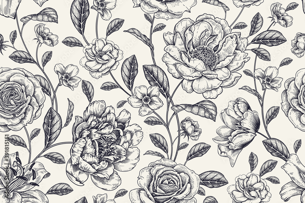 Floral black and white background. Vintage seamless pattern. Vector.