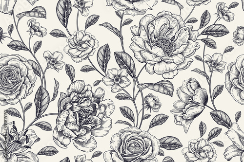 Floral black and white background. Vintage seamless pattern. Vector.