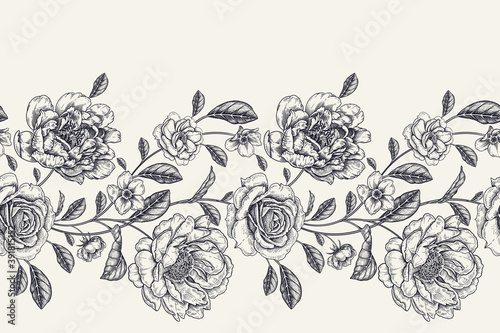 Black and white background. Vintage seamless pattern. Vector.