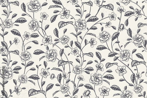 Floral seamless pattern. Abstract black flowers on a white background. Vector.