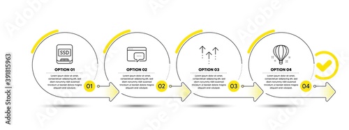 Seo message, Ssd and Swipe up line icons set. Timeline process infograph. Air balloon sign. Support chat, Memory disk, Scrolling arrow. Sky travelling. Technology set. Vector