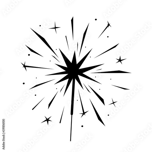 Black burning sparkler silhouette isolated on white. Indian firework with sparks and glow. Monochrome element for design banner, flyer, card, background for party,celebration. Vector illustration.