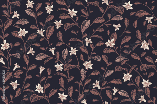 Floral seamless pattern. Small flowers and leaves. Vector. Vintage.