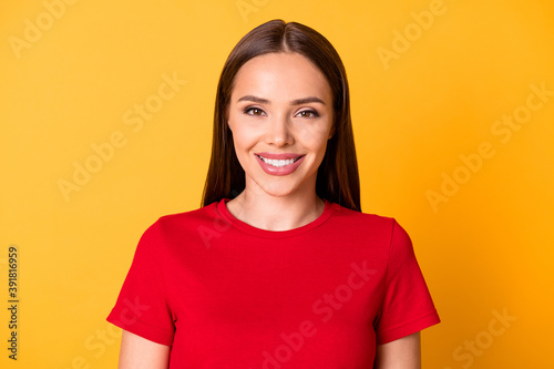 Headshot of attractive lady toothy smiling wear casual red top standing isolated over yellow color background