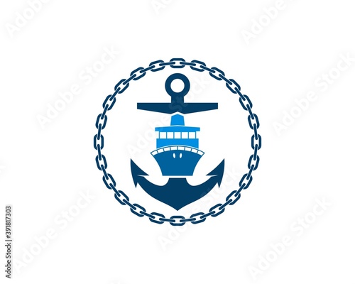 Circular chain with anchor and ship