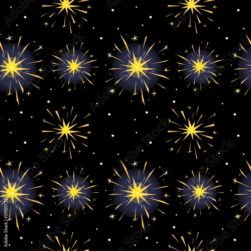 Yellow burning sparklers isolated on black. Indian firework with gold sparks, snowflakes and glow. Colorful seamless pattern for design banner, flyer, card for party, celebration. Vector illustration.