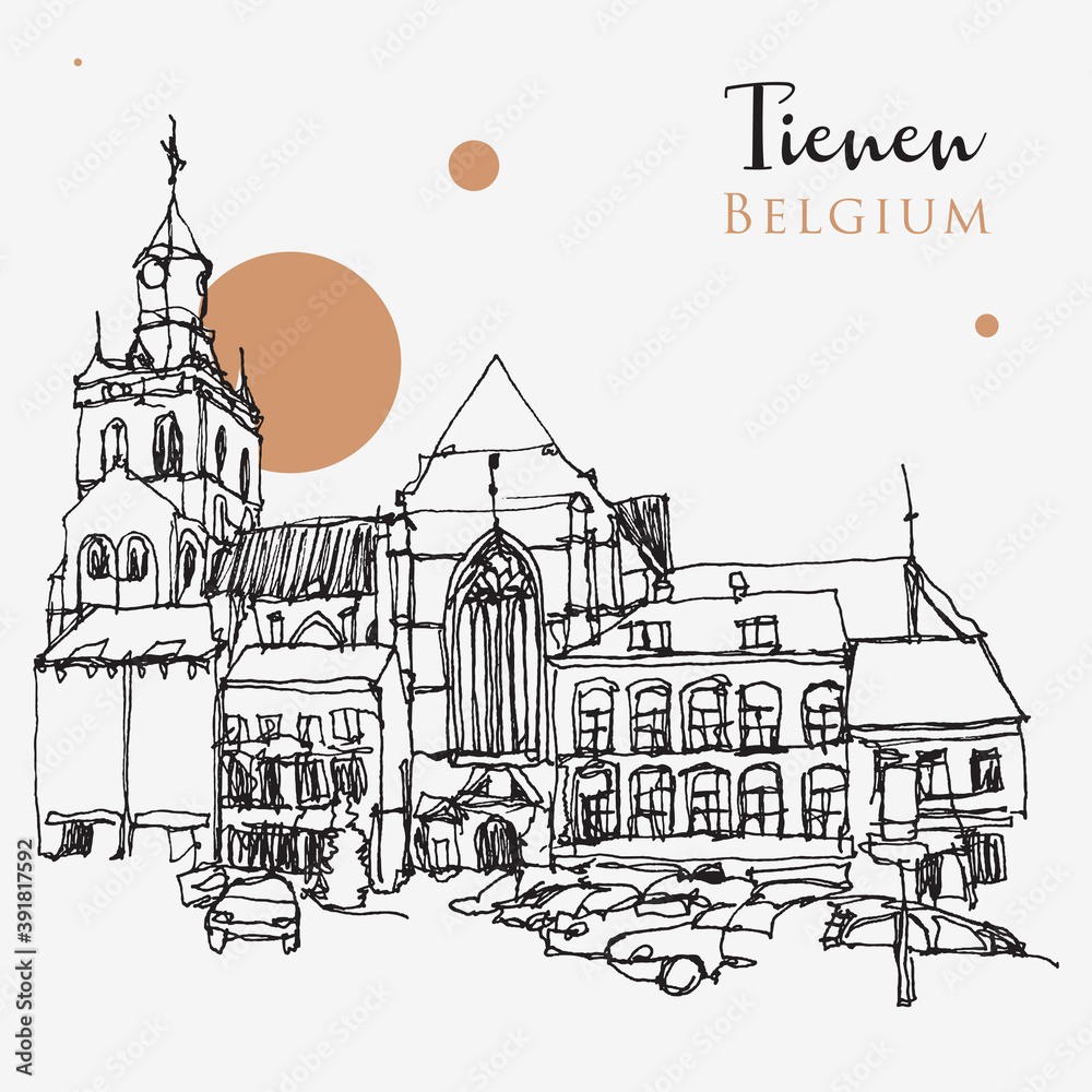 Drawing sketch illustration of Tienen, Belgium
