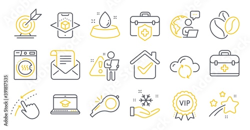 Set of line icons, such as Mail newsletter, Website education, Whistle symbols. Target goal, Coffee beans, Augmented reality signs. Freezing, Water bowl, Cloud sync. Vip award, Swipe up. Vector