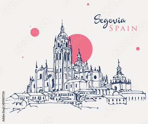 Drawing sketch illustration of Cathedral of Segovia, Spain