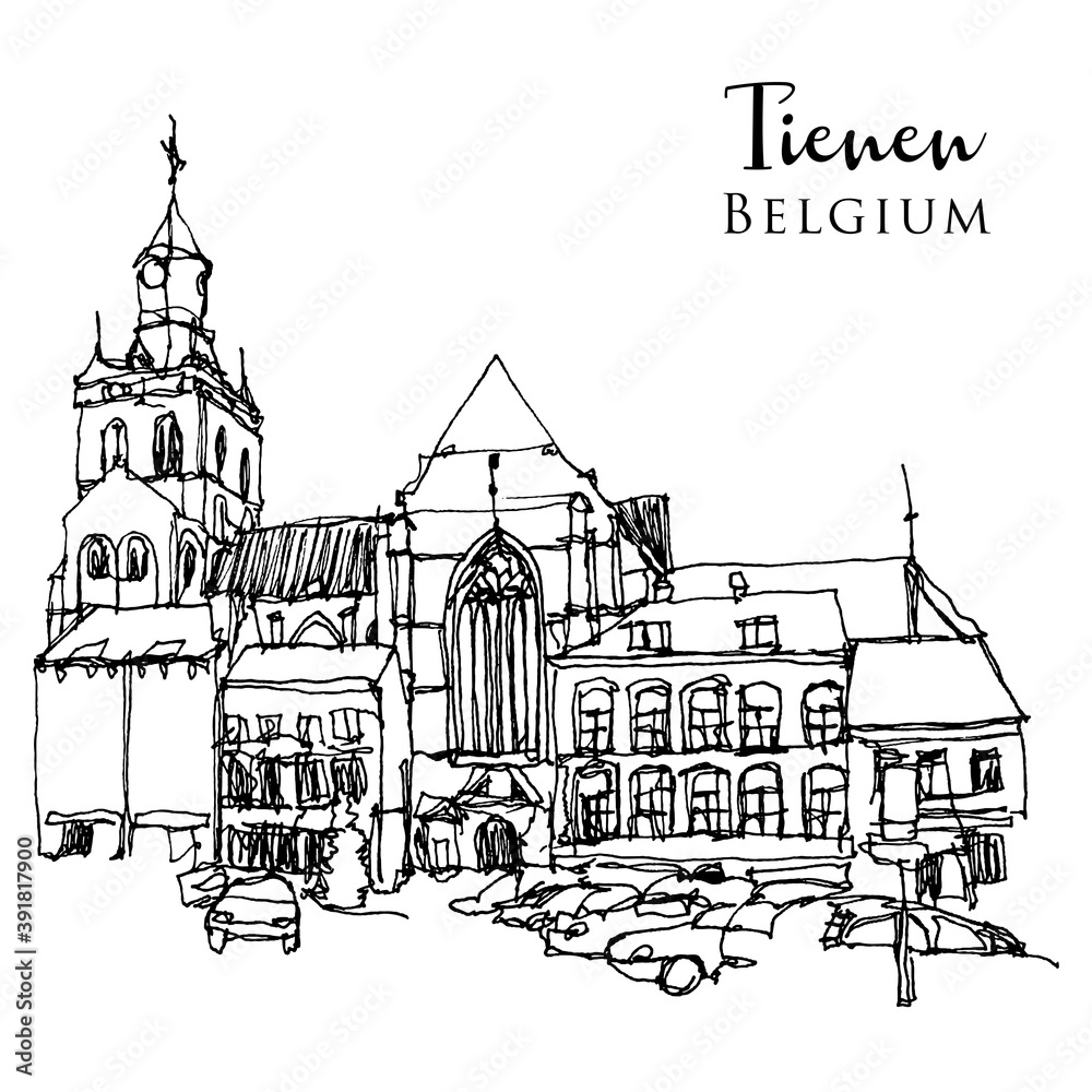 Drawing sketch illustration of Tienen, Belgium